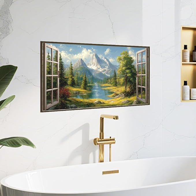 Alpine Mountain View Kitchen Backsplash Peel and Stick, 30x16 in | Oil-painting window view of snow peaks, alpine river and pine forest; flat 2D waterproof peel and stick; wipe clean; 30x16 in - Image 8