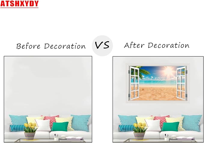 Fake Window Wall Decal- Summer Beach Ocean Palm Tree Open Wall Art Sticker | Faux Window Natural Scenery Landscape Mural ｜ Stick and Peel Wall Decals｜for Room Bedroom Office Scene Picture Decor｜24"x16" - Image 3