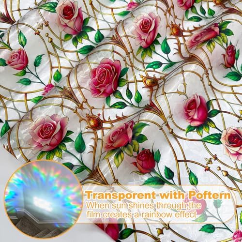 Countewol Stained Glass Privacy Window Film Static Cling Window Film Anti-Glare UV Protection Removable Decorative Window Clings for Home（Vintage Rose 78.7" L*23.6" W） - Image 5