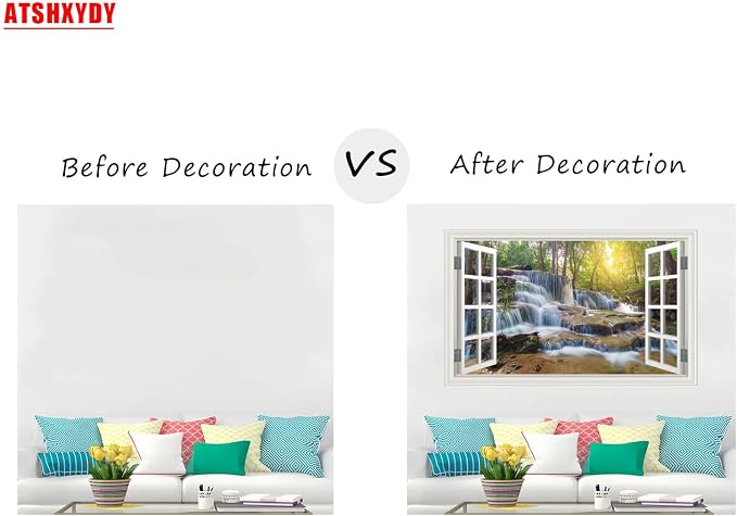 Fake Window Wall Mural Sticker Forest Tree Jungle Waterfall Faux Window Poster Decal Picture Open Wall Art Decor, Stick and Peel Landscape Natural Scenery Scene（48"x32",Set of 2 Sheets） - Image 4