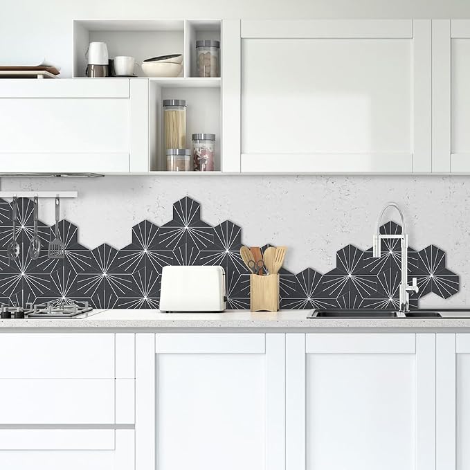 AULIGET Flower Vintage Hexagon Tile Peel and Stick Backsplash, 6"x7" Self Adhesive Wall Tiles in Grey (Pack of 45) - Image 2