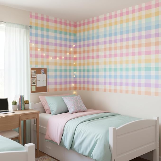 Drydiet Pastel Rainbow Checkered Wallpaper Peel Stick 15.8 x 118.1 | Self Adhesive, Colorful Pastel Design, Easy Apply Remove,Wall Sticker for Home Locker Dorm Classroom Living Room Decor - Image 4