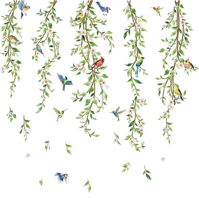 Green Leaf Vine Wall Decals, Hanging Plant Wall Stickers Birds | Floral Nature Decal Peel and Stick Mural for Bedroom Living Room Office TV Shower Door Home Decor by Unknown