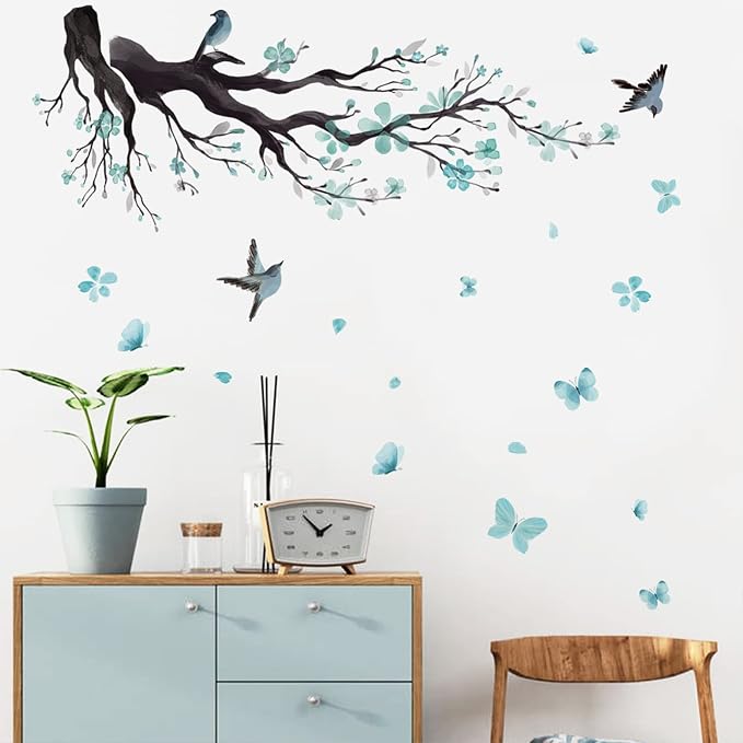 Watercolor Blue Flower Wall Stickers,Removable DIY Romantic Blossom Bird Tree Branch Wall Murals 3D Wall Art Stickers Home Decor for Gilrs Bedroom Nursery Rooms Living Room - Image 6