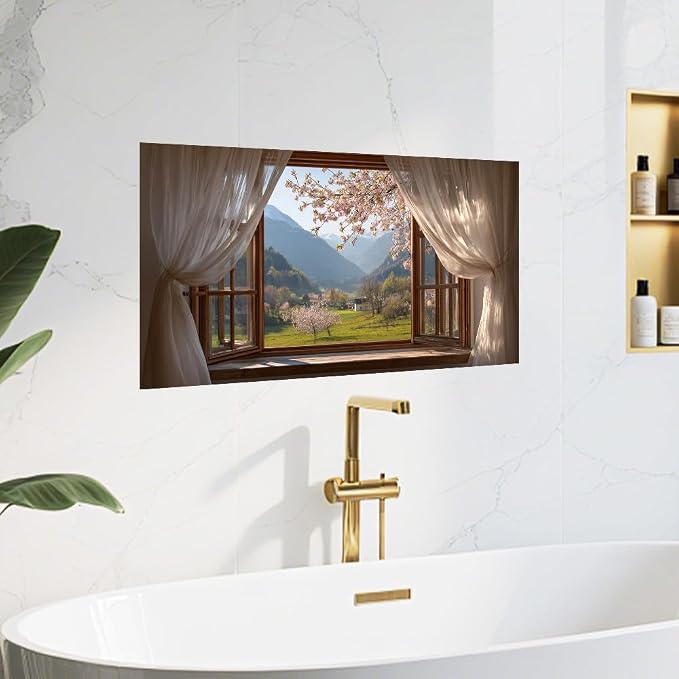 Cherry Blossom Mountain Kitchen Backsplash Peel and Stick, 30x16 in | Curtained window onto cherry blossoms over a sunlit mountain valley; flat 2D waterproof peel and stick; wipe clean; 30x16 in - Image 8