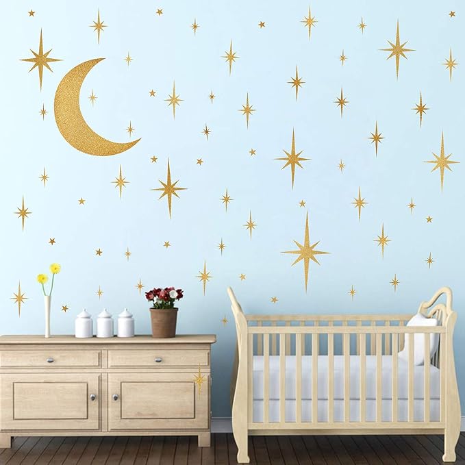 Retro Starburst Wall Decals Stars Wall Sticker Star Moon Vinyl Decal Golden | Celestial decor, sparkle wall stickers decoration, peel and stick, removable art mural, for girls bedroom living room nursery - Image 4