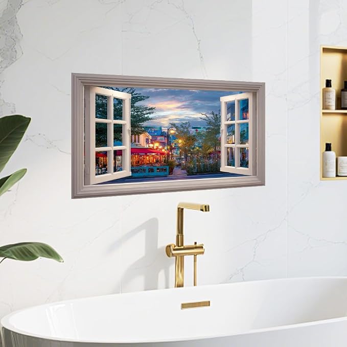 European Cafe City Kitchen Backsplash Peel and Stick, 30x16 in | Window view of evening cafe street with warm lanterns and awnings; flat 2D waterproof peel and stick; wipe clean; 30x16 in - Image 8