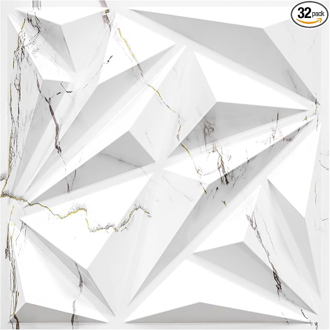 STICKGOO Diamond 3D Wall Panels, White Marble 12''x12'', 33 Pack | Accent Wall Panels for Interior Wall Decor, Living Room, Bedroom, TV Background, Office,Cover 32 Sq.Ft by STICKGOO