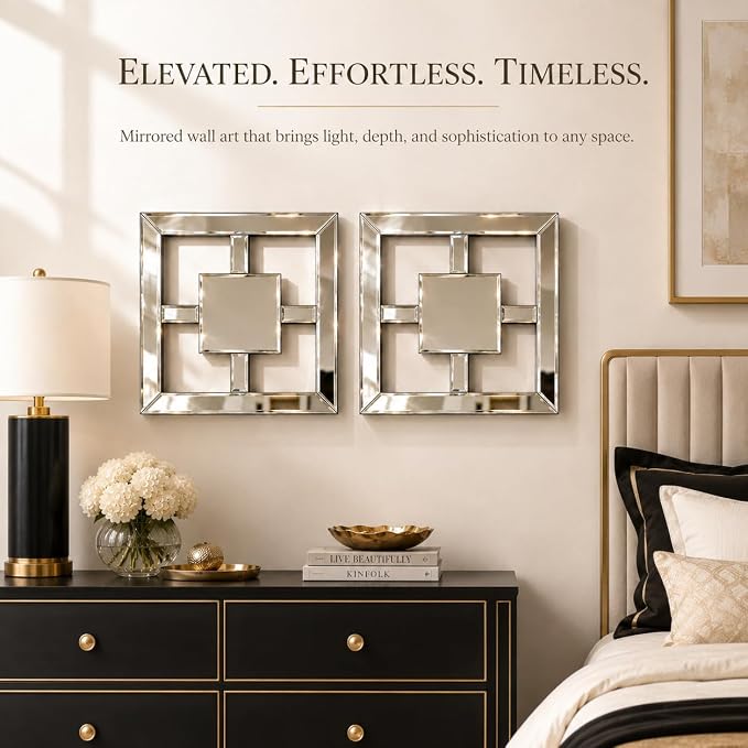 Square Decorative Wall Mirror 12 x 12 Inch, Silver Frameless Mirror Wall Decor with Beveled Edge, Modern Wall Mounted Accent Mirror for Living Room, Bedroom, Hallway, Set of 2 - Image 3