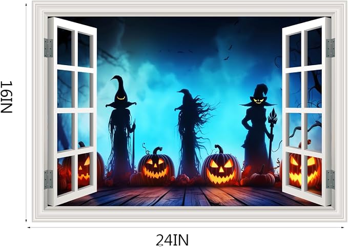 Halloween Fake Window Wall Decals Creepy Three Witches Pumpkin Art Sticker | ｜Faux Window Terror Spooky Ghosts Landscape Mural ｜ Stick and Peel Wall Decal｜for Halloween Room Scene Picture Decor｜24"x16" - Image 2