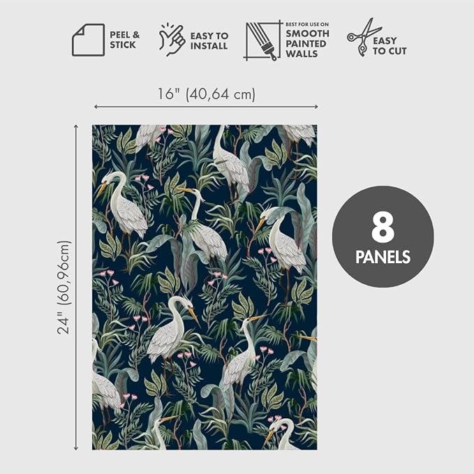 Peel and Stick Wallpaper Panels, Blue No Egrets, 8-Pack | 16 x 24 in panel size; Covers up to 21.33 sq ft; Vinyl peel & stick; No paste needed; Great for walls, shelves & cabinets. - Image 2