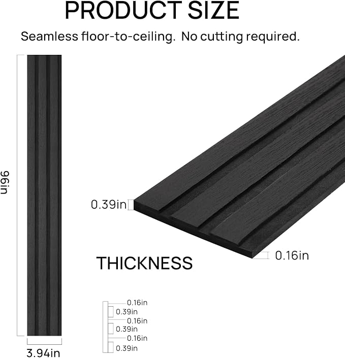 4 Rolls Black Peel and Stick PVC Slat Wall Panel, 4“x96” Self-Adhesive Thick Faux Wood Grain Wallpaper Panel, 3D Sound Proof Panels for Walls, Wood Panels for Wall Peel and Stick for Accent Walls - Image 3