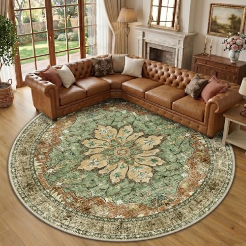 RELEANY Washable Area Rug, Round 10ft, Brick/Brown/Green by RELEANY