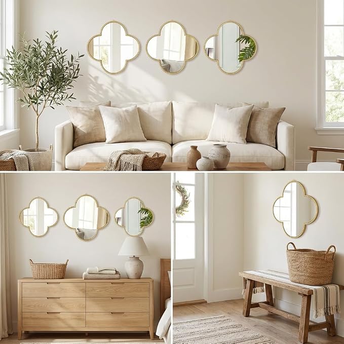 DECANIT Decorative Wall Mirrors Set of 3,Gold Clover Hanging Mirrors with Scalloped Frame for Living Room, Bedroom & Entryway, Accent Wall Decor - Image 2