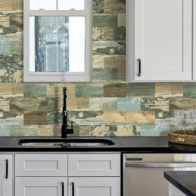 DEWOO 20 Sheet Peel and Stick Wall Tile Kitchen Backsplash Self Adhesive | Distressed,PVC,Rustic,Faux Wood, Country,Farmhouse,13.5" x 11.4" - Image 2