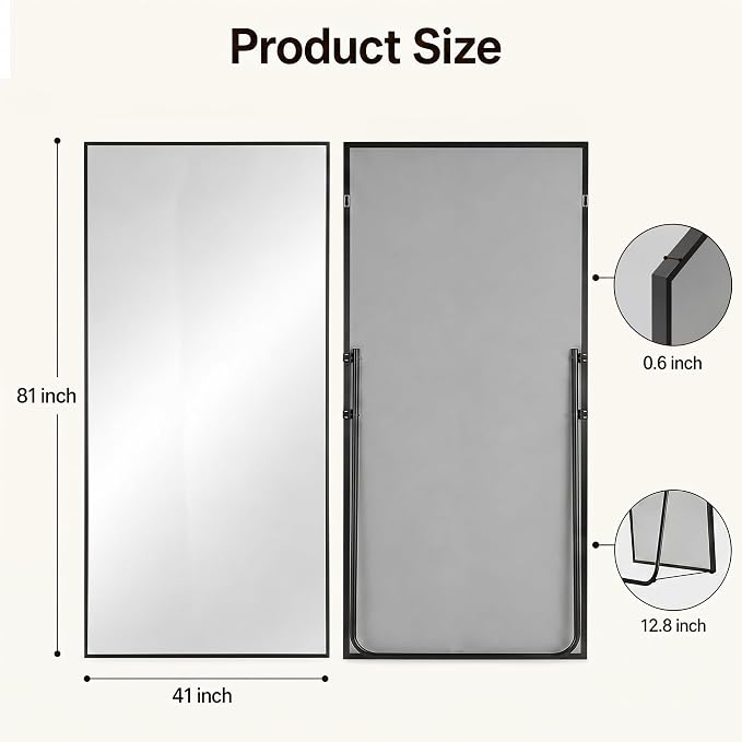 Antok Full Length Mirror, 81"x41" Floor Mirror with Stand, Black, Rect - Image 7