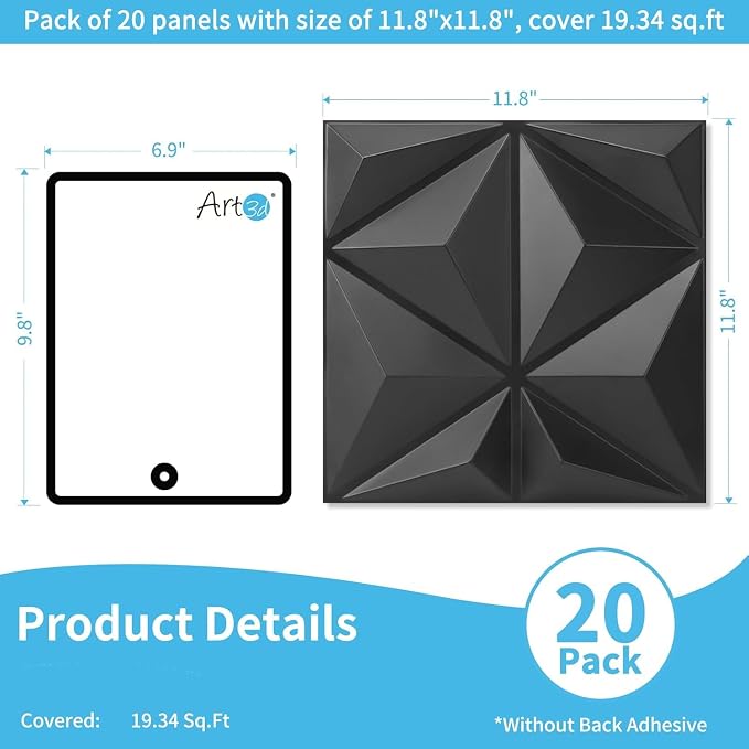 Art3d 20 Pack Decorative 3D Wall Panels, 19 Sq.Feet PVC Interior Wall Décor for TV Background, Bedroom, Living Room, 11.8"x11.8", Black - Image 2