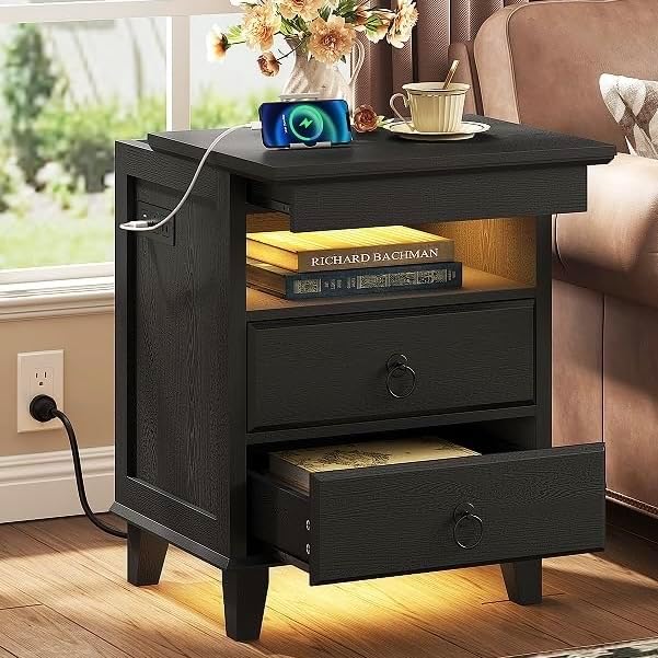 Yusong LED Night Stand with Gun Drawer, Bedside Table with Charging Station, Sofa Couch End Side Table with with 2 Drawers ＆Open Shelf for Bedroom, Black - Image 4