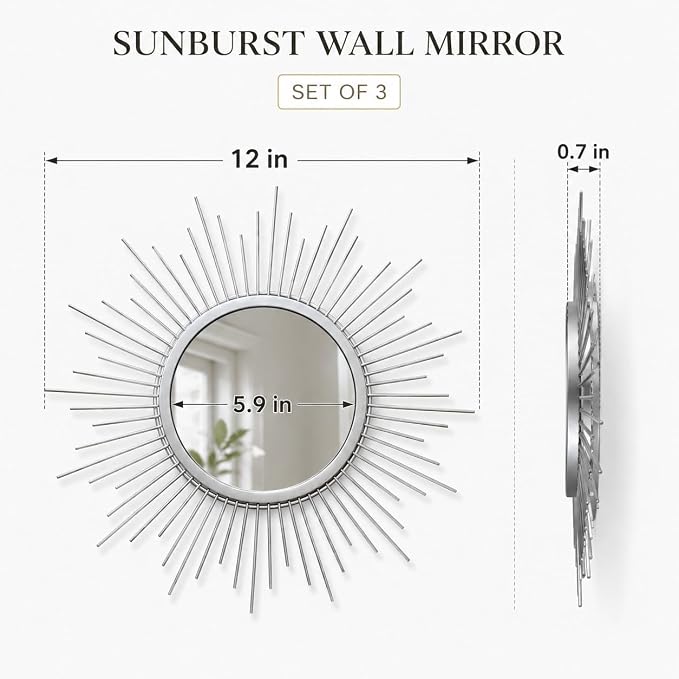 Silver Sunburst Mirror Set of 3, 3PCS Metal Round Decorative Wall Mirrors, Starburst Accent Mirror Wall Decor for Bathroom, Living Room, Bedroom & Entryway - Image 2
