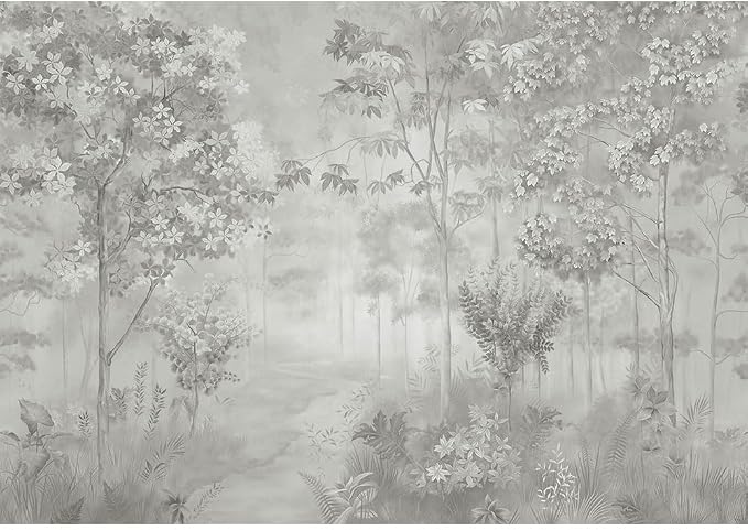 ASJ Forest Peel and Stick Wallpaper Mural, Misty Monochrome Warm Gray | Seamless edge-to-edge match. Sketch tree leaf landscape artwork, 139x94 in, premium fabric, living room bedroom. - Image 2