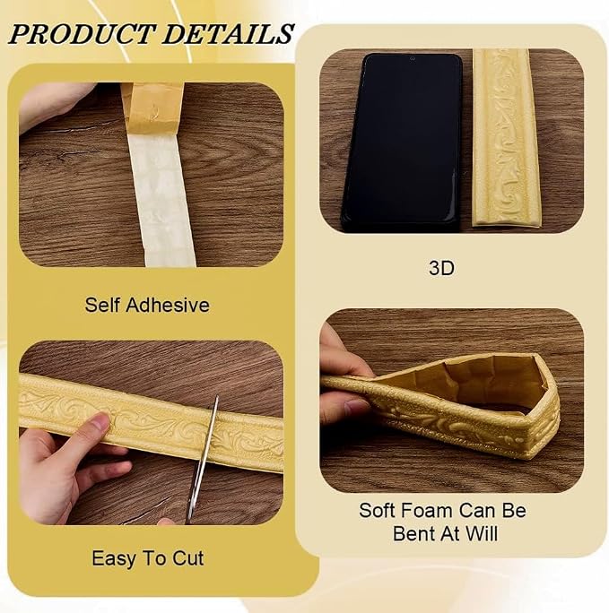 CRASPIRE 88.9x1.69in Peel Stick Foam Crown Molding Baseboard Trim Yellow Self Adhesive Flexible Mirror Wallpaper Sticky Border 3D Wall Edging Lines Base Baseboard for Hotel Home DIY Decoration - Image 5
