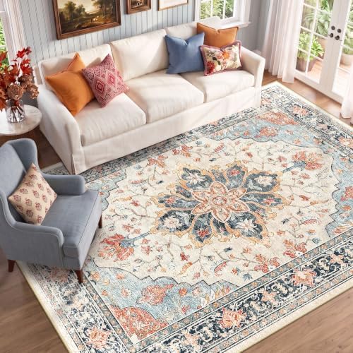 RELEANY Washable Area Rug, 8'x10', Beige/Blue/Orange by RELEANY