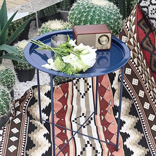 Garden 4 you End Table Metal Side Table Blue Round Folding Tray Cyan Sofa Small Accent Fold-able Table, Round End Table Tray, Next to Sofa Table, Snack Table for Living Room and Bed Room - Image 2