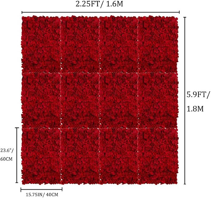 BLOSMON Red Flower Wall Backdrop for Wedding Decor, 12 Pcs, 24 x 16 Inches | Easy to Use, Hydrangea Artificial Flower Panels for Wedding, Bridal Shower, Hanging Fake Silk Floral Backdrop Decor - Image 2