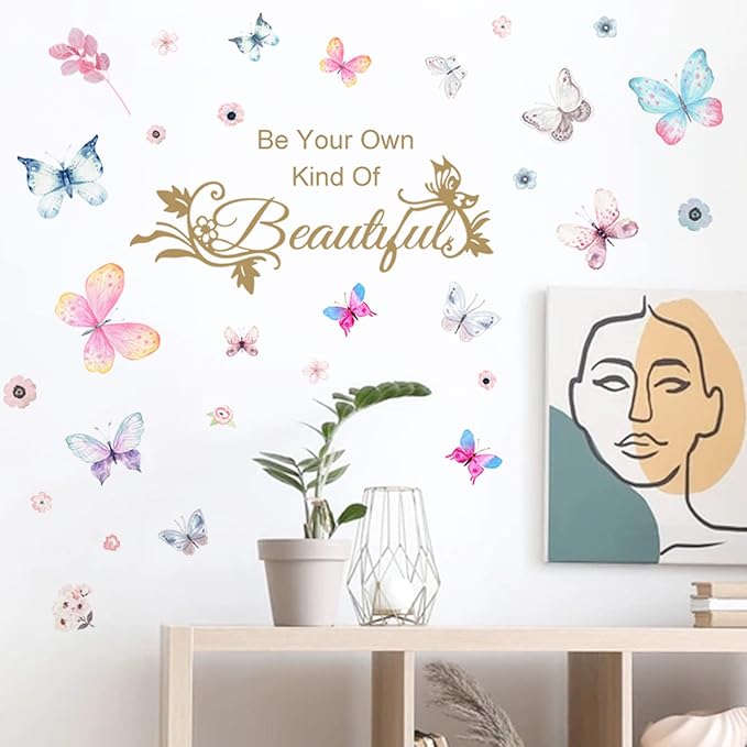 Colorful Butterflies Wall Sticker, Simplicity Butterfly English Words Wall Decal, Be Your Own Kind of Inspirational Quotes Wall Décor, DIY Flower Vinyl Art Mural for Girls Bedroom Nursery Living Room - Image 2