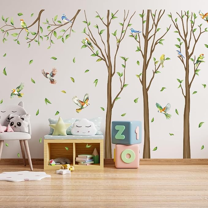 Family Tree Wall Sticker Green Leaf Birds Wall Art Decor Large Tree Branch Wall Decal Peel and Stick Woodland Animals Wall Sticker for Bedroom - Image 2