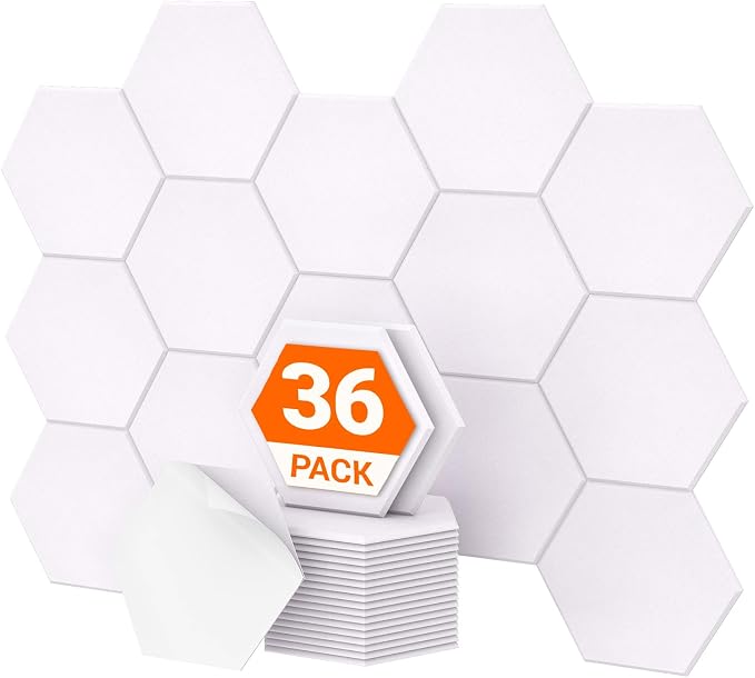 36 Pack High Density Hexagon Acoustic Panels, TONOR 12"x 10"x 0.4" Soundproof Wall Panels, Sound Absorbing Panels for Interior Wall Décor, Peel and Stick Modern for Studio, Office, Home, White by TONOR