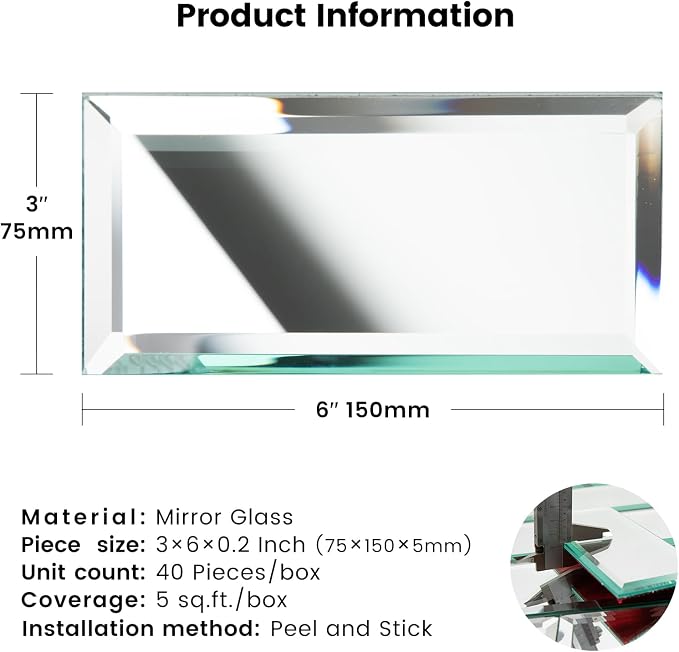 Peel and Stick Beveled Mirror Glass Subway Tile Silver 3 x 6 Inch for Kitchen Backsplash Bathroom Wall （40 Pcs） - Image 3