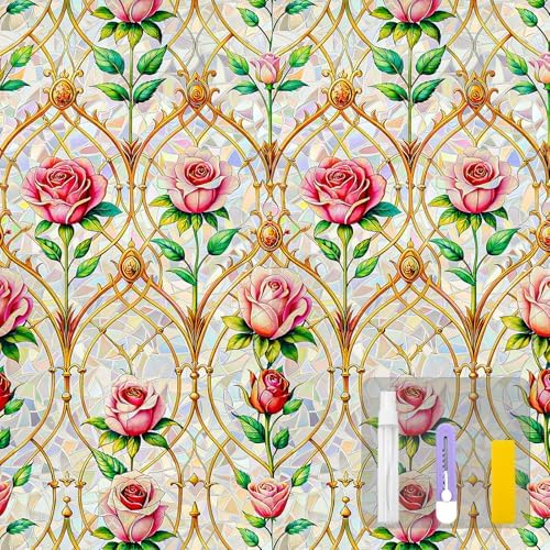 Countewol Stained Glass Privacy Window Film Static Cling Window Film Anti-Glare UV Protection Removable Decorative Window Clings for Home（Vintage Rose 78.7" L*23.6" W） by Countewolwindowfilm