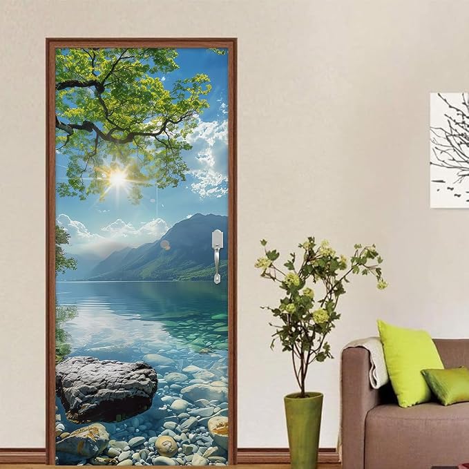 Green Tree Forest Lake Rock Sun Landscape Nature Door Stickers Decals Peel and Stick Removable Vinyl Waterproof Self Adhesive Wall Covers for Home 30.3" W x 78.7" H - Image 4