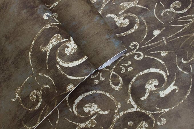 HAOKHOME Brown Wallpaper Peel and Stick Damask Vintage Victorian Bathroom | Textured Removable Retro Wall Paper Waterproof Beige Teal Traditional Victorian Farmhouse French for Bedroom 17.3in x 9.8ft - Image 9