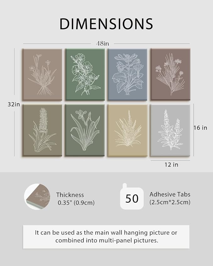 VIYYIEA Acoustic Art Wall Panel, Boho Botanical SoundProof Absorbing Panel | 48×32 in Minimalist Sage Green Floral Home Decor for Bedroom Recording Room, 8pcs Acoustical Colorful 3D Bulletin Board - Image 3