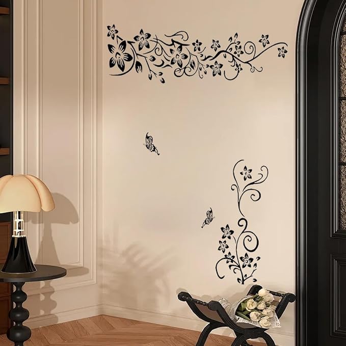 Joyartu Flowers Vine Decals Black Flowers Butterfly Wall Stickers, Diagonal Floral Decals for Living Room TV Background, DIY Home Decor - Image 4