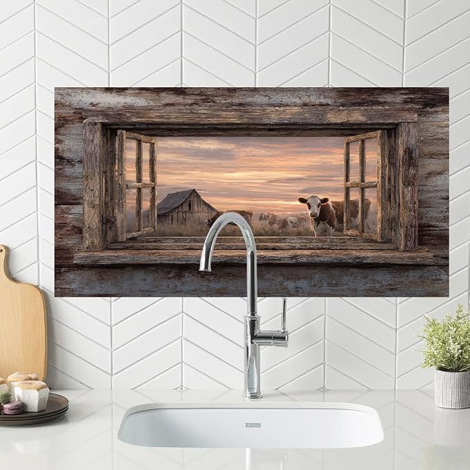 Farmhouse Cow Barn Kitchen Backsplash Peel and Stick, 30x16 in | Rustic wood frame window view of cows and barn at golden sunset; flat 2D waterproof peel and stick; wipe clean; 30x16 in - Image 5
