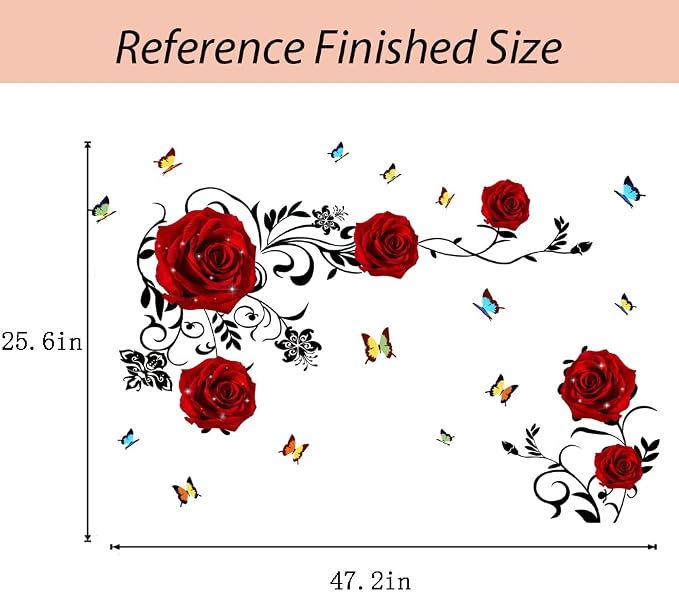 Supzone Red Rose Wall Stickers Rose Flower Vine Wall Decal Purple Peony Floral Wall Decor DIY Vinyl Mural Art for Bedroom Living Room Sofa Backdrop - Image 6