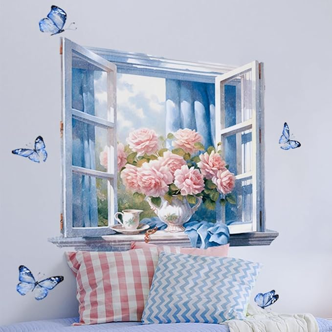 3D Window View Wall Decal - Faux Open Window with Pink Roses and Blue Butterflies, Peel and Stick Removable Wall Mural for Bedroom, Living Room, Nursery, Home Office Decor by Tulalo