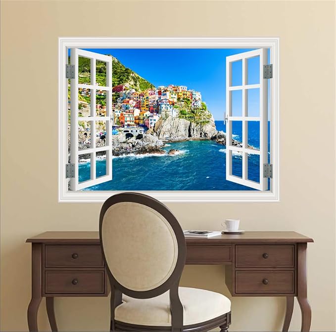 Self-Adhesive Wall Sticker Romantic Living Room Bedroom Study Office Decorative Wall Sticker Ocean Scenery Fake Window Sticker Mural (sea City, 23.6"×35.4") - Image 5