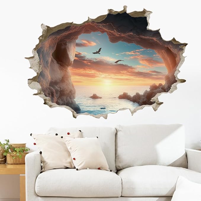 SUPERDANT 3D Ocean View Cave Wall Sticker Break Through Wall Decal Peel and Stick Seascape Large Size Vinyl Art Mural for Home Bedroom Living Room Bathroom Decoration Gifts - Image 4