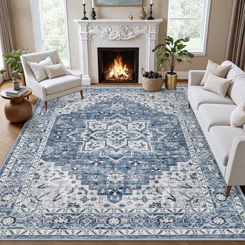 3x5 Area Rugs Living Room: Washable Vintage Rug for Bedroom Blue by EXPEDIX