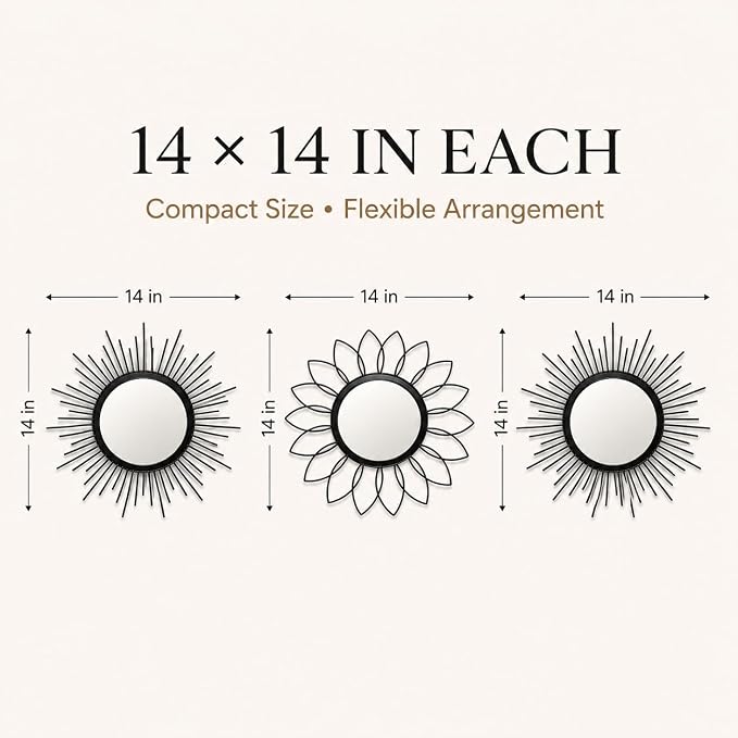 Black Sunburst Mirror 14x14 Inch, Decorative Wall Accent with Metal Frame, Small Sun Mirror for Living Room, Bedroom, Entryway, Hallway, Boho Modern Home Decor - Image 4