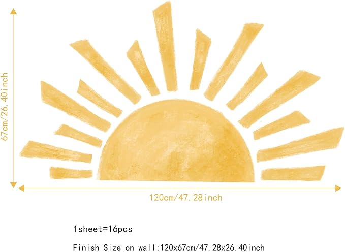 Large Watercolor Boho Sunshine Wall Decal for Kids Playroom | 47.28" x 26.40" Calming Half Sun Wall Sticker, Peel and Stick Sun Rise Wall Mural for Toddler Room and Classroom - Image 2