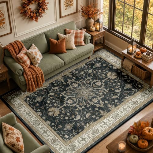 RELEANY Washable Area Rug, 5'x7', Black/Vintage/Beige - Image 4