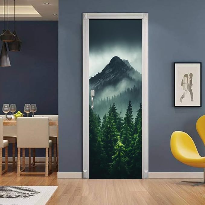 REDAMANCY Smoky Green Pine Tree Mountain Landscape Peel and Stick Door Stickers, Vinyl, Waterproof, Removable, Modern Style, 30.3"x78.7", 2 Pack - Image 3