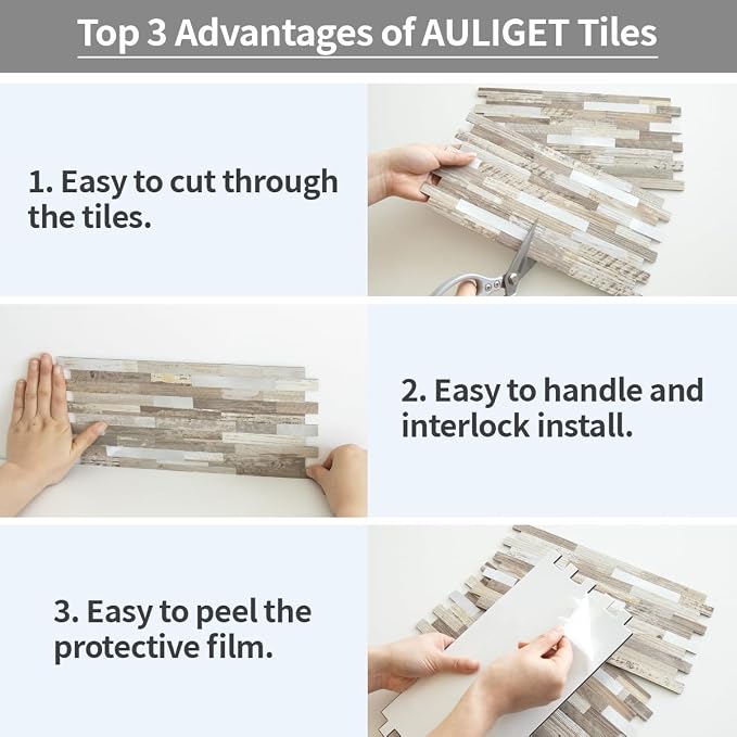 AULIGET 20 Sheets Peel and Stick Backsplash, Beige Wood Look PVC Mixed Metal Stick on Backsplash Tiles for Kitchen - Image 7