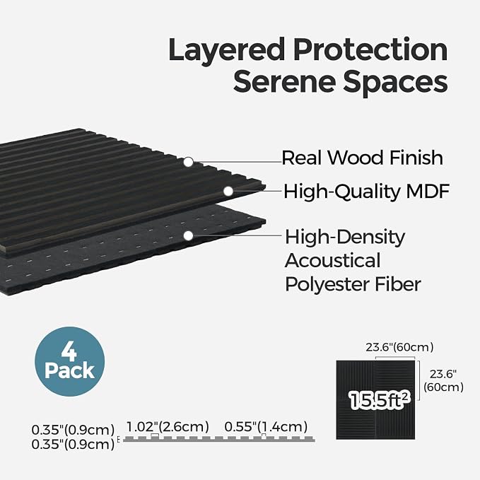 AKUMAX 4-Pack Wood Slat Acoustic Wall Panels, 23.6 x 23.6 in 3D Sound-Absorbing Panels for Walls & Ceilings, Fire-Retardant, FSC-Certified Materials, 15.5 Sq Ft, Black Oak - Image 6