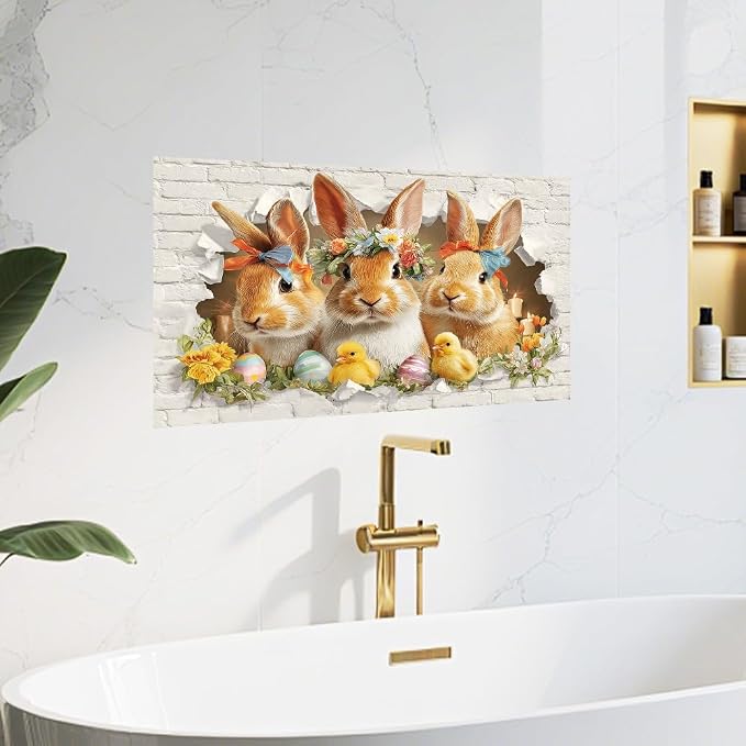 Easter Bunny Kitchen Backsplash Peel and Stick, 30x16 in | Flower-crowned bunnies bursting through brick wall with Easter eggs and chicks; flat 2D peel and stick; wipe clean; 30x16 in - Image 8